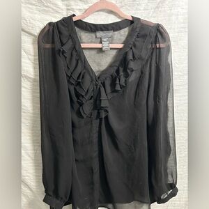 Covington Women’s Pullover Blouse Black Ruffle Front  Sheer Long Sleeve Size L